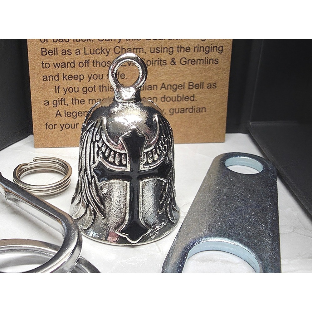 New Guardian Angel Bell Charm SilverTone Black Cross Wings Motorcycle Bell Biker
